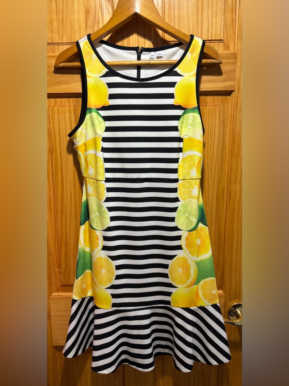 Elle Black & White Striped Sleeveless Dress with Lemon Print